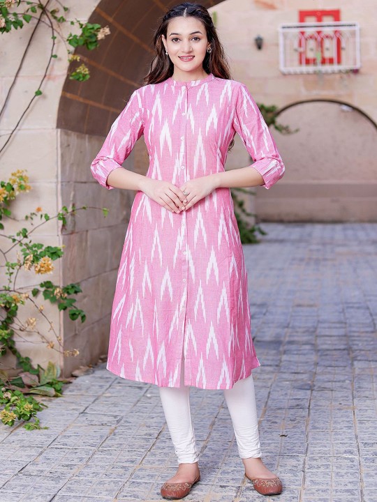 Ikat Printed Mandarin Collar Cotton A-Line Kurta Hover