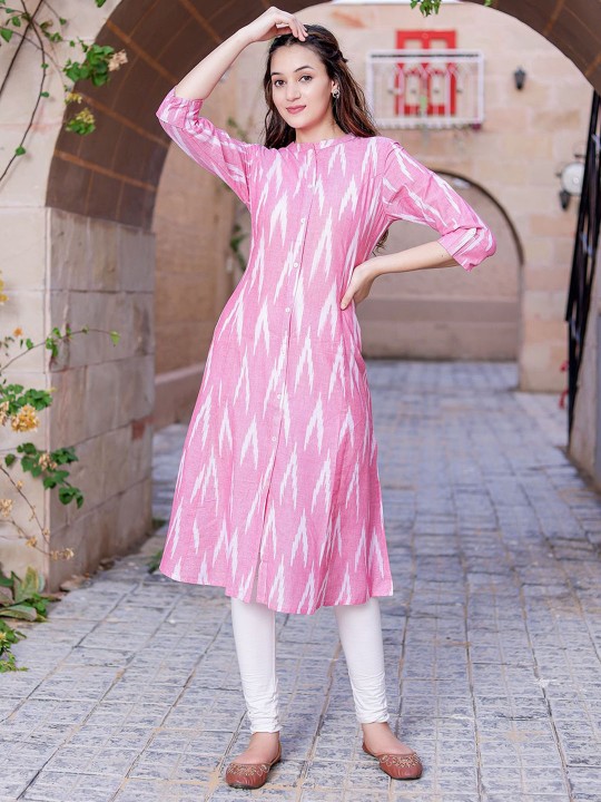 Ikat Printed Mandarin Collar Cotton A-Line Kurta