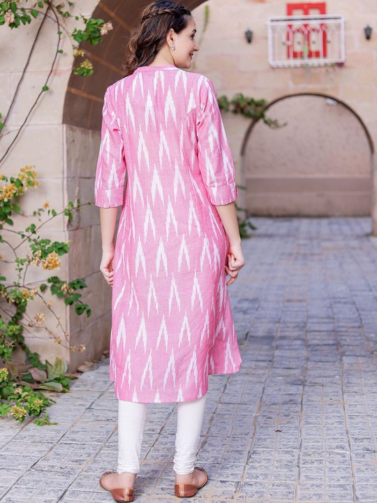 Ikat Printed Mandarin Collar Cotton A-Line Kurta
