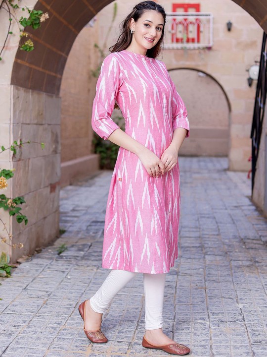 Ikat Printed Mandarin Collar Cotton A-Line Kurta