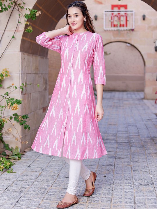 Ikat Printed Mandarin Collar Cotton A-Line Kurta