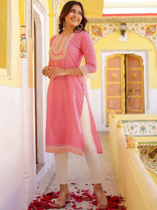 Ethnic Motifs Printed Mirror Work Cotton Straight Kurta Hover