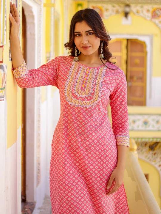 Ethnic Motifs Printed Mirror Work Cotton Straight Kurta