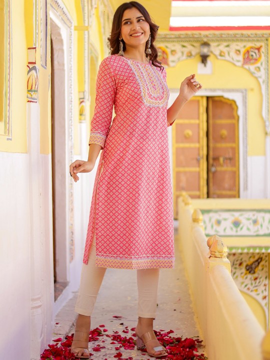 Ethnic Motifs Printed Mirror Work Cotton Straight Kurta