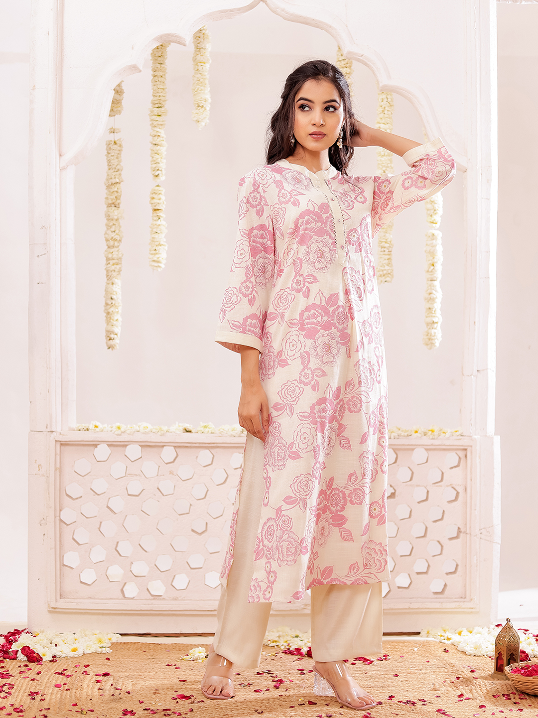 Cotton Slub Printed Kurta Pant Set Hover