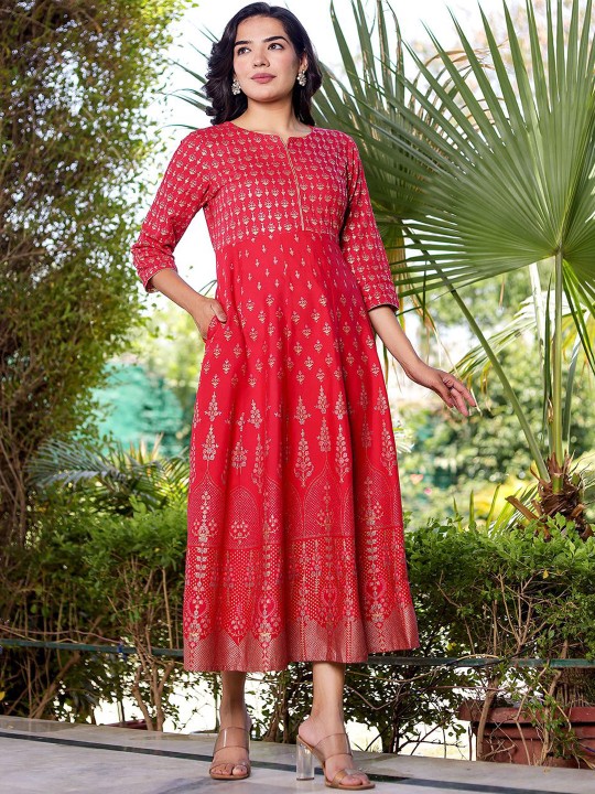 Rayon Khadi Printed Flared Maxi Ethnic Dress