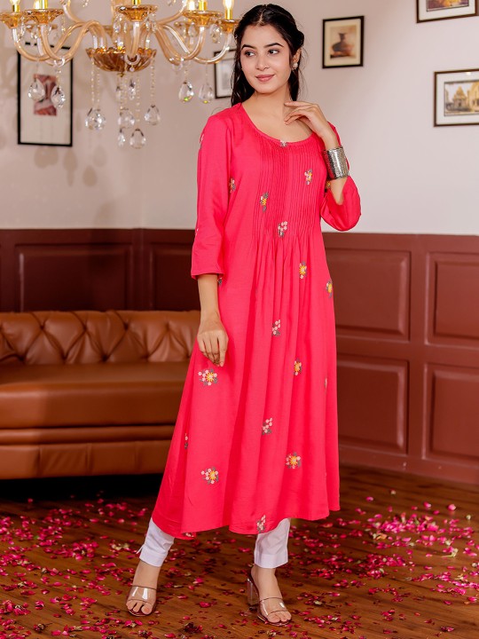 Rayon Floral Embroidered A-Line Midi Dress