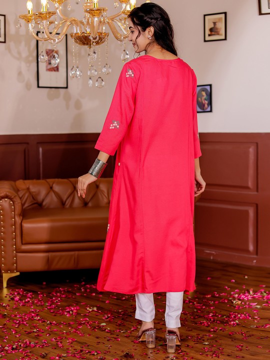 Rayon Floral Embroidered A-Line Midi Dress Hover