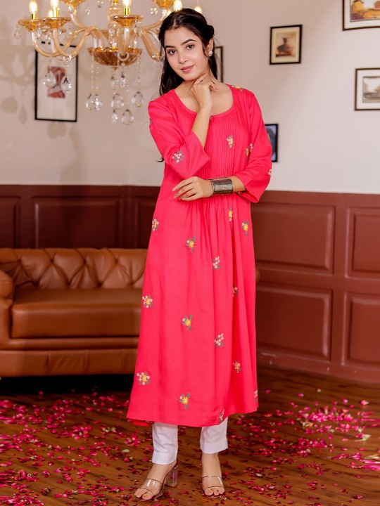 Rayon Floral Embroidered A-Line Midi Dress