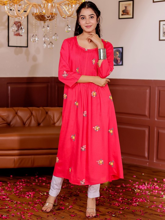 Rayon Floral Embroidered A-Line Midi Dress
