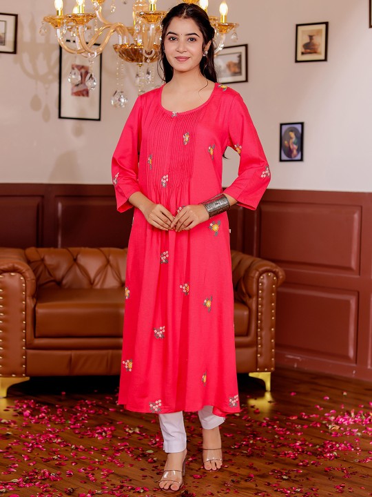 Rayon Floral Embroidered A-Line Midi Dress
