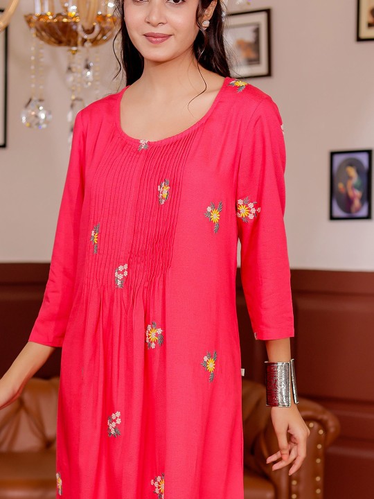 Rayon Floral Embroidered A-Line Midi Dress
