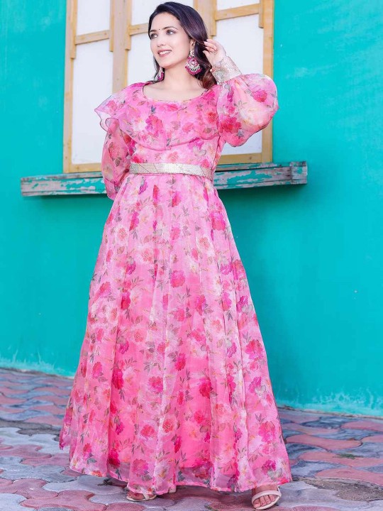 Orgenza Printed Maxi Gown With Embellished Belt