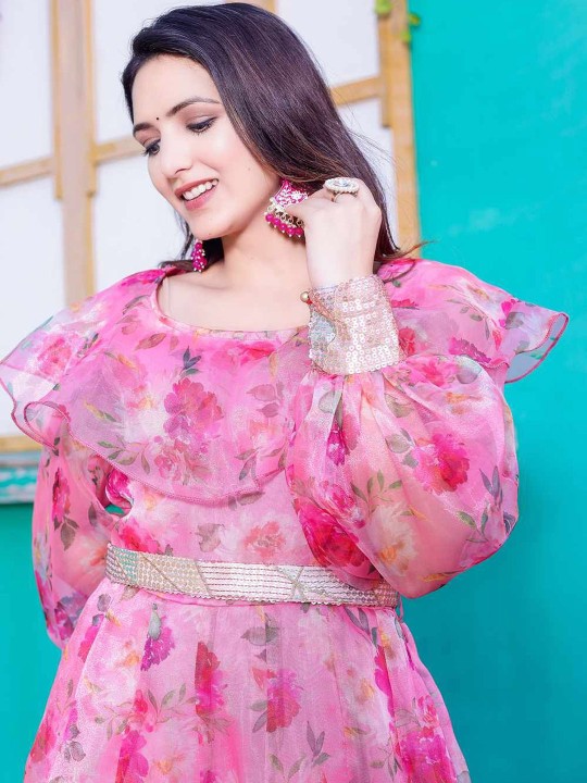 Orgenza Printed Maxi Gown With Embellished Belt Hover