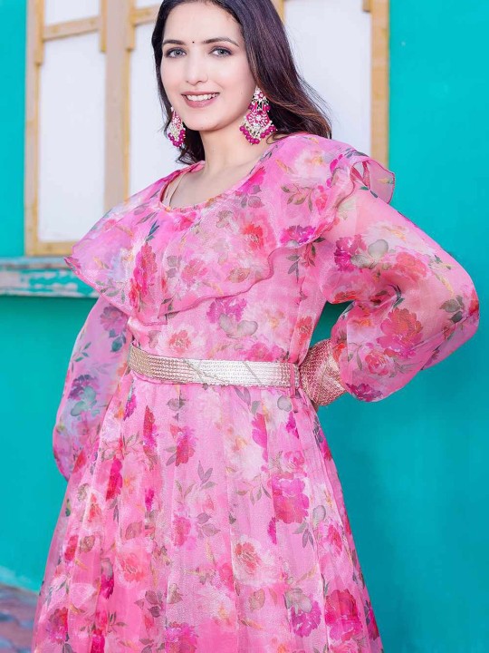 Orgenza Printed Maxi Gown With Embellished Belt