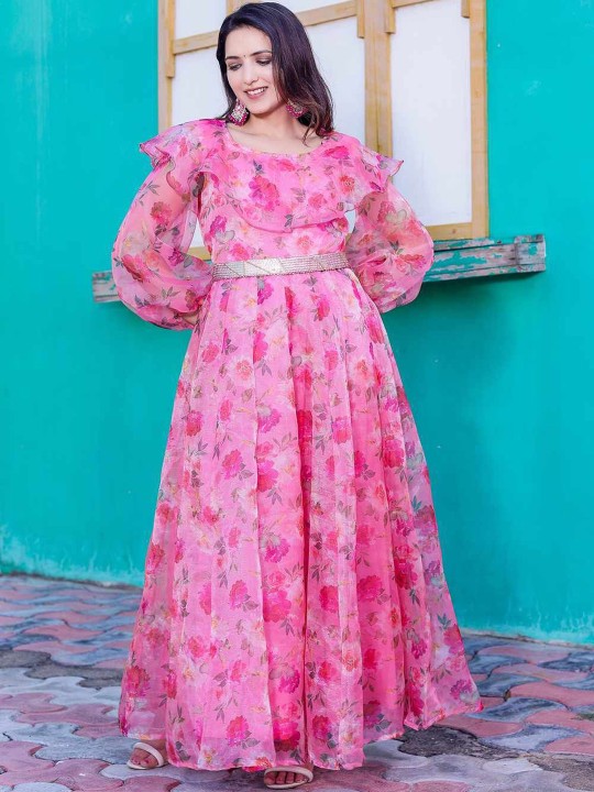 Orgenza Printed Maxi Gown With Embellished Belt