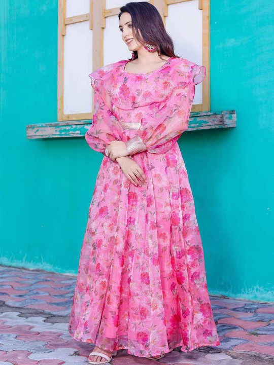 Orgenza Printed Maxi Gown With Embellished Belt