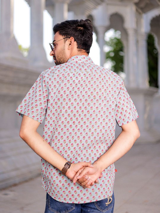 Men Classic Spread Collar Floral Printed Cotton Slim Fit Casual Shirt