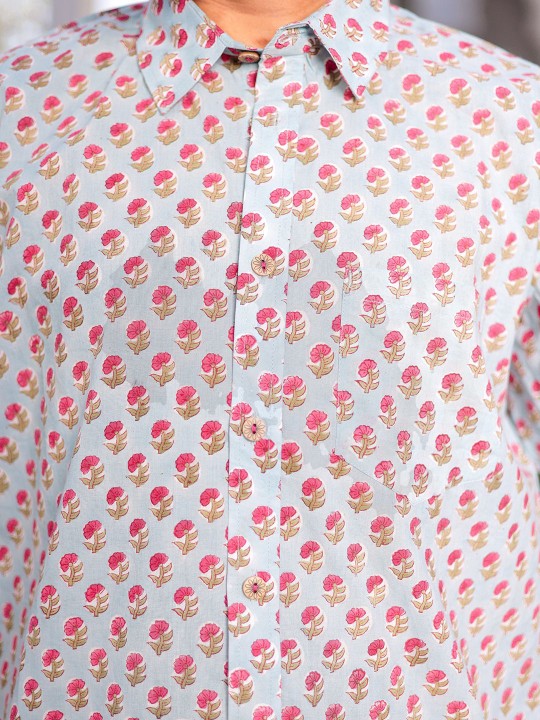 Men Classic Spread Collar Floral Printed Cotton Slim Fit Casual Shirt
