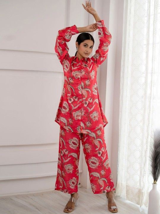 Poly Satin Floral Printed Top With Trousers Co-Ords