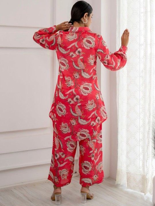 Poly Satin Floral Printed Top With Trousers Co-Ords