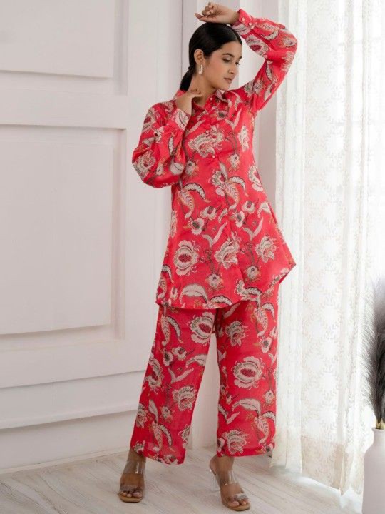 Poly Satin Floral Printed Top With Trousers Co-Ords