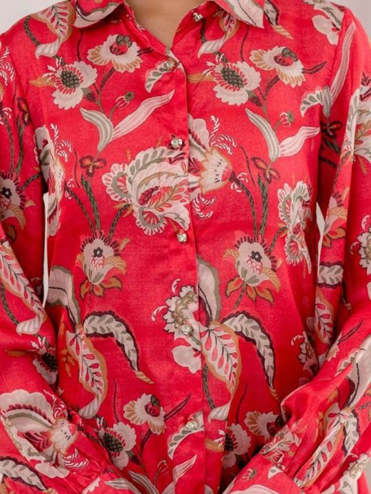 Poly Satin Floral Printed Top With Trousers Co-Ords