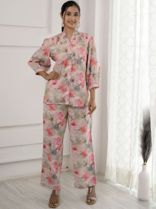 Printed Mandarin Collar Linen Shirt With Trousers Co-Ords