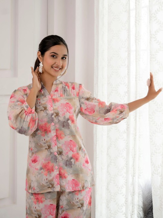 Printed Mandarin Collar Linen Shirt With Trousers Co-Ords
