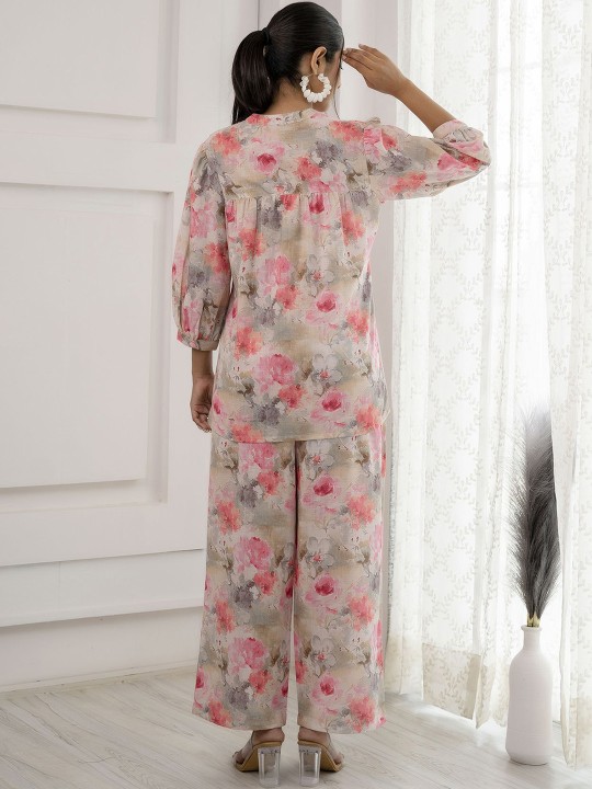 Printed Mandarin Collar Linen Shirt With Trousers Co-Ords