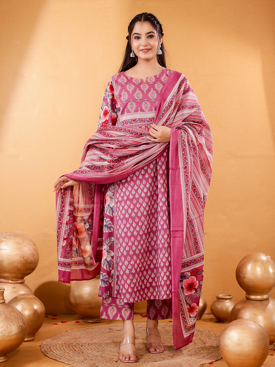 Women Floral Printed Regular Pure Cotton Kurta with Trousers & Dupatta