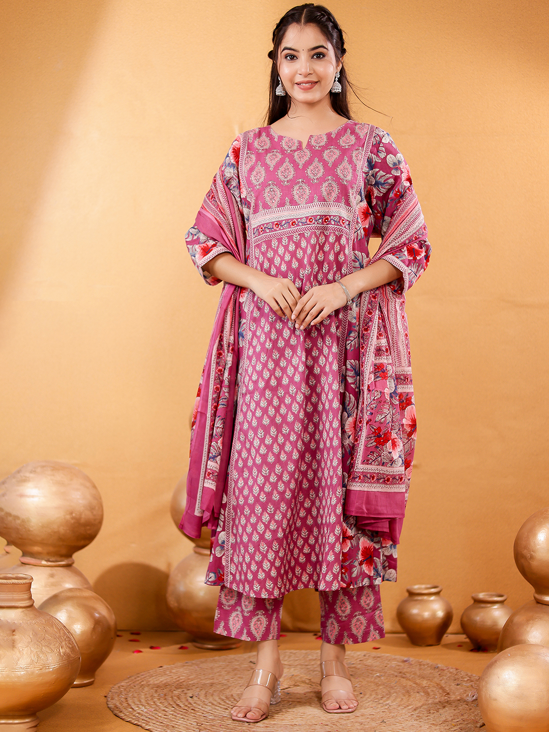 Women Floral Printed Regular Pure Cotton Kurta with Trousers & Dupatta