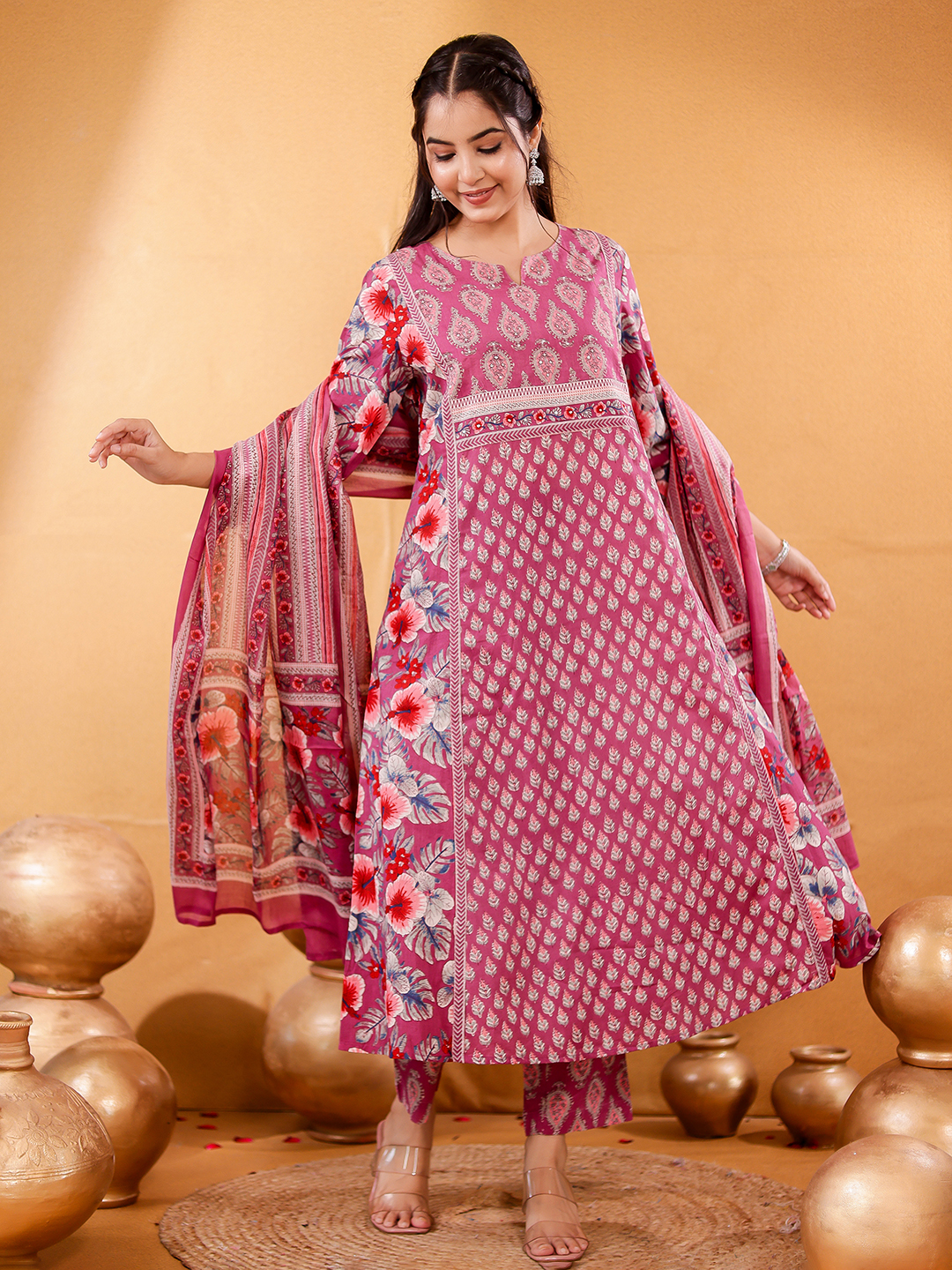 Women Floral Printed Regular Pure Cotton Kurta with Trousers & Dupatta