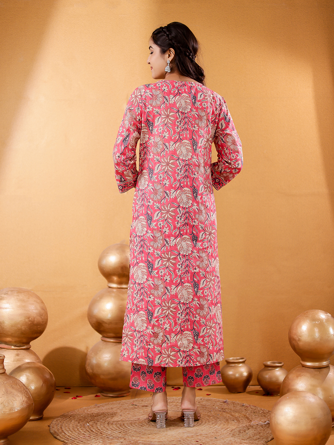 Women Floral Printed Cotton Kurta with Trousers & Dupatta