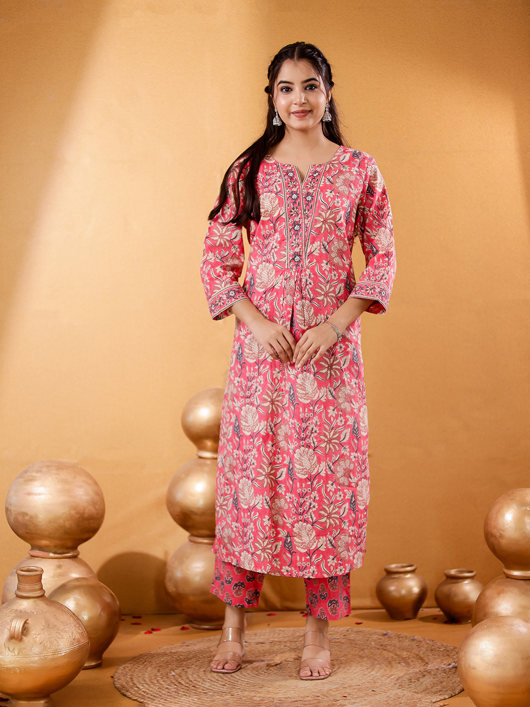 Women Floral Printed Cotton Kurta with Trousers & Dupatta Hover