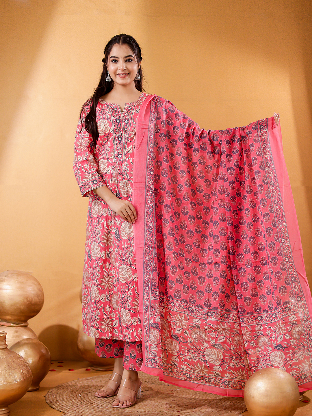 Women Floral Printed Cotton Kurta with Trousers & Dupatta