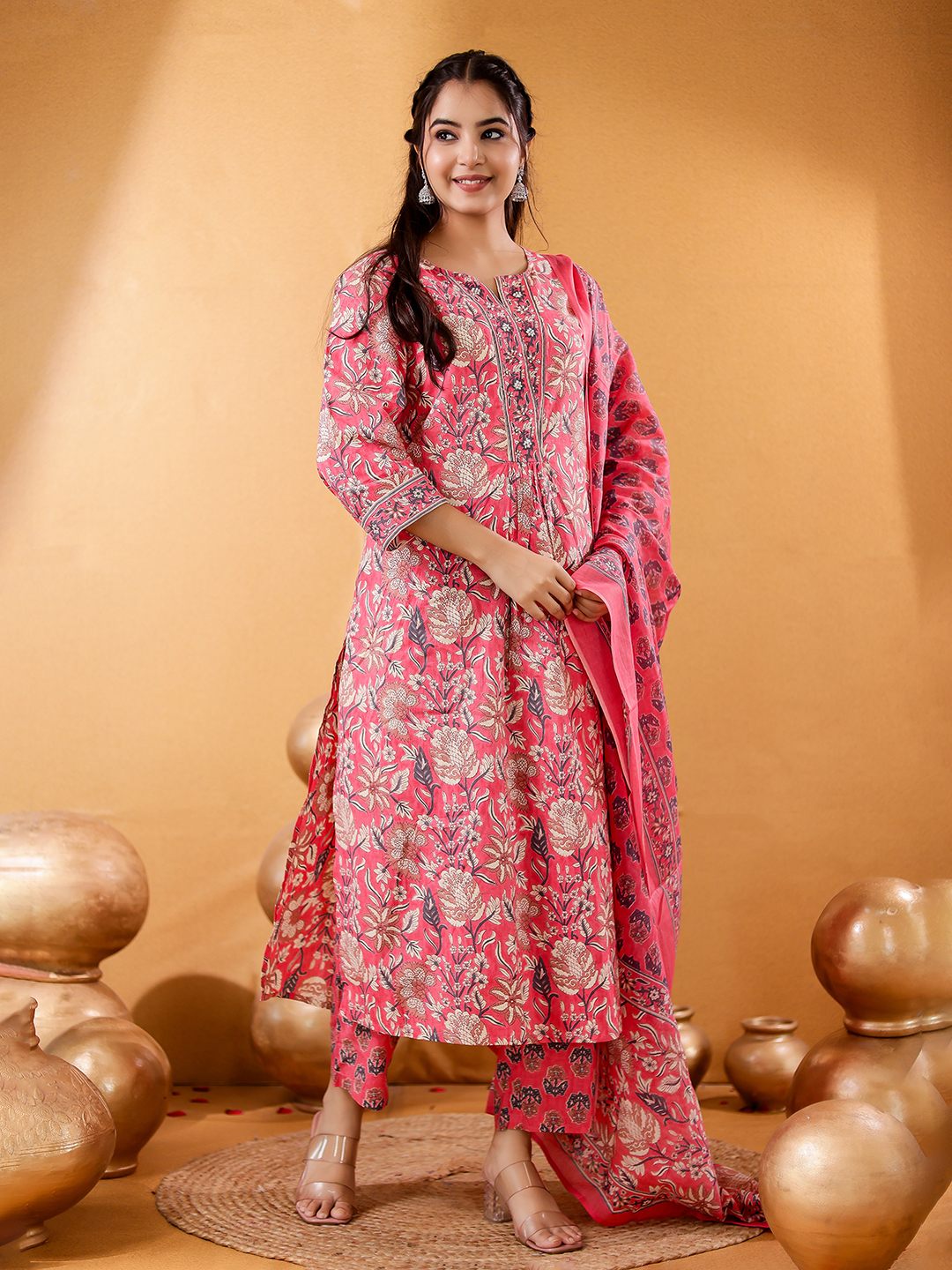 Women Floral Printed Cotton Kurta with Trousers & Dupatta