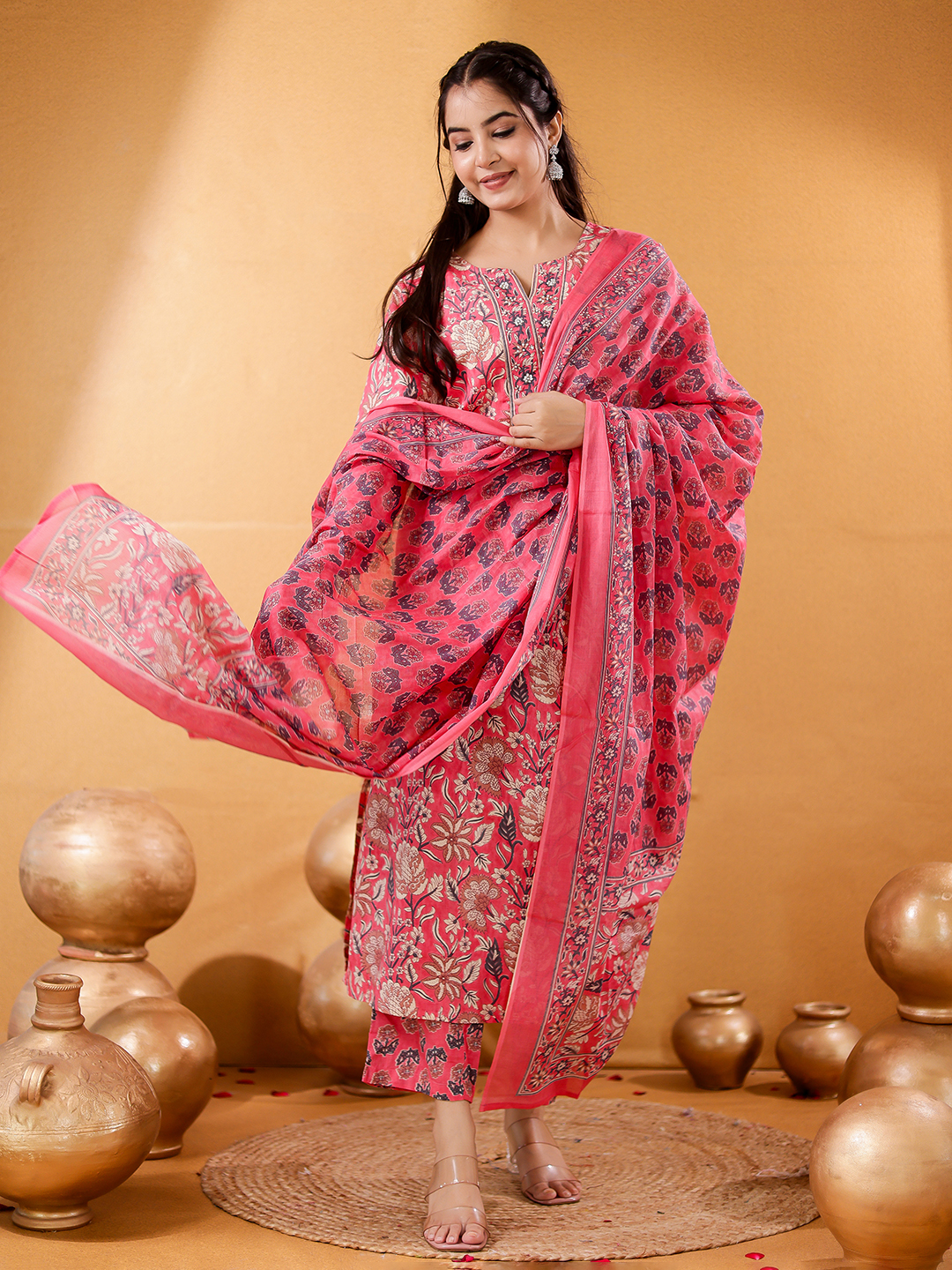 Women Floral Printed Cotton Kurta with Trousers & Dupatta
