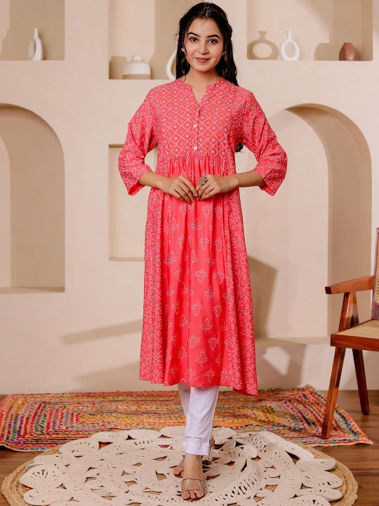 Women Rayon Bandhani Printed Mandarin Collar A-line Kurta