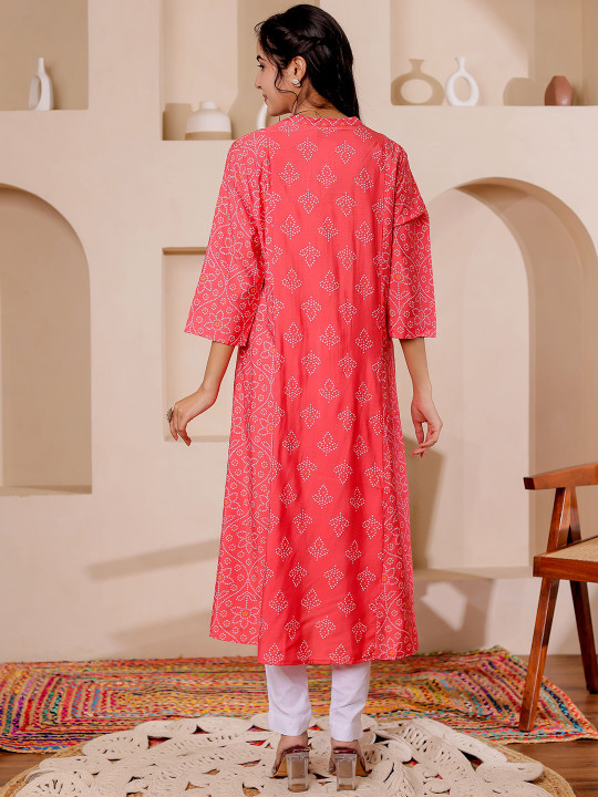 Women Rayon Bandhani Printed Mandarin Collar A-line Kurta