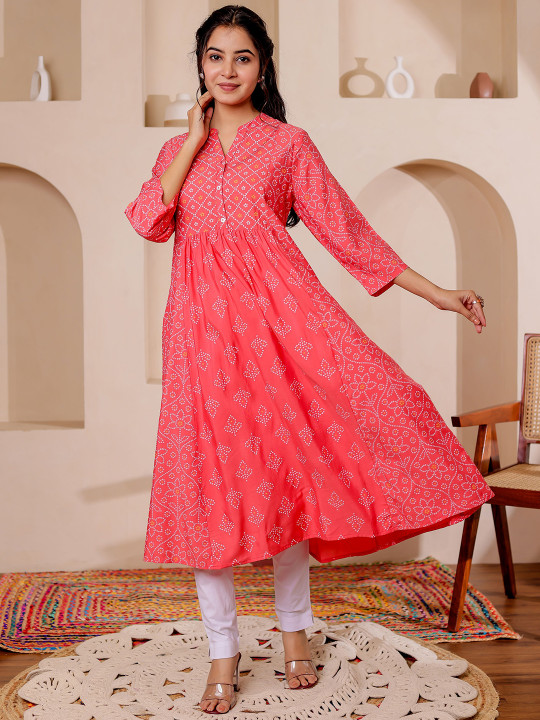 Women Rayon Bandhani Printed Mandarin Collar A-line Kurta