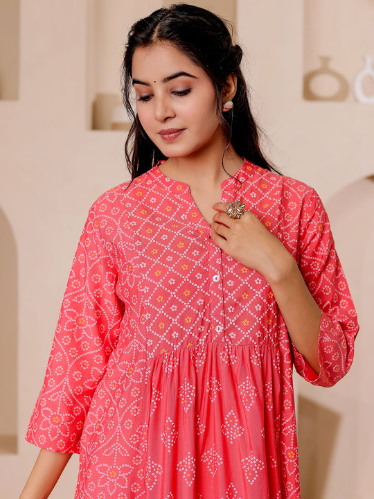 Women Rayon Bandhani Printed Mandarin Collar A-line Kurta