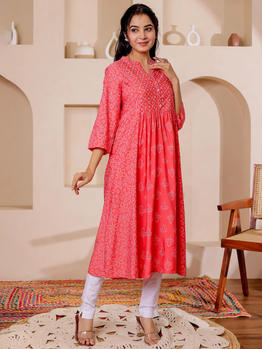 Women Rayon Bandhani Printed Mandarin Collar A-line Kurta