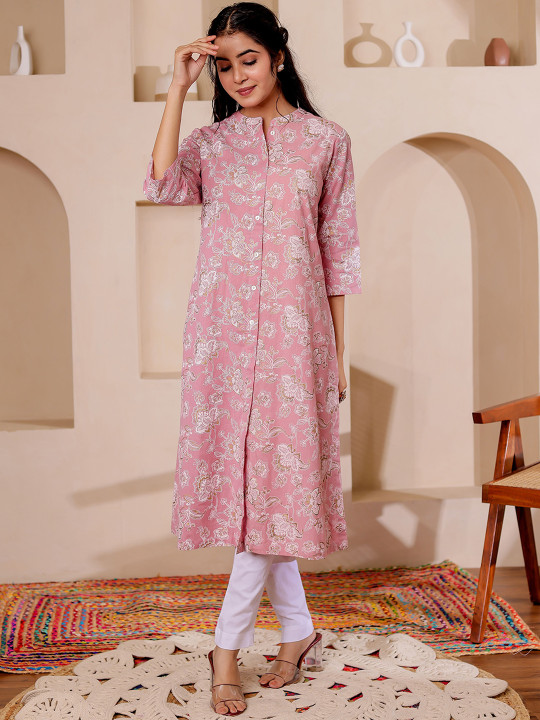 Women Rayon Floral Printed Mandarin Collar Straight Kurta