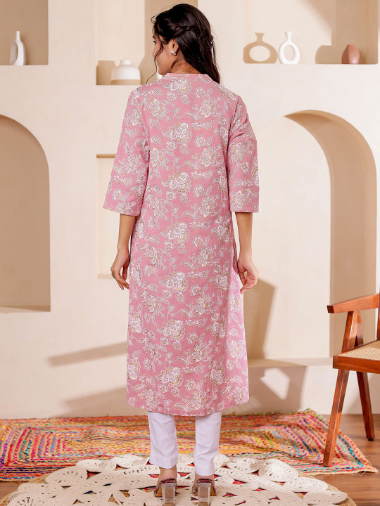 Women Rayon Floral Printed Mandarin Collar Straight Kurta