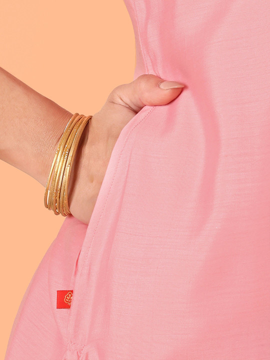 Floral Yoke Design Notch Neck Zari Chanderi Cotton Straight Kurta