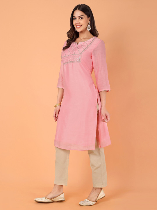 Floral Yoke Design Notch Neck Zari Chanderi Cotton Straight Kurta