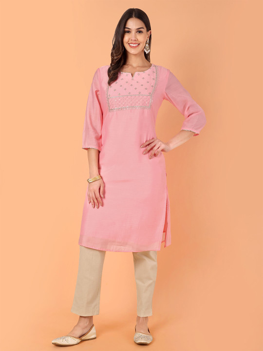 Floral Yoke Design Notch Neck Zari Chanderi Cotton Straight Kurta