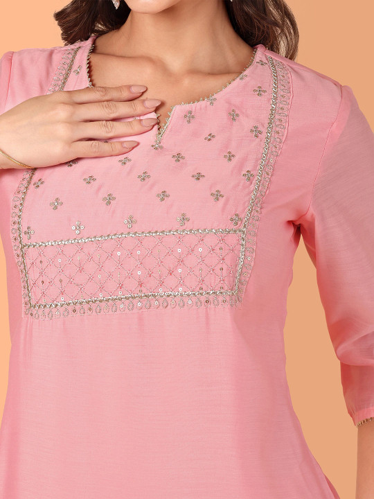 Floral Yoke Design Notch Neck Zari Chanderi Cotton Straight Kurta