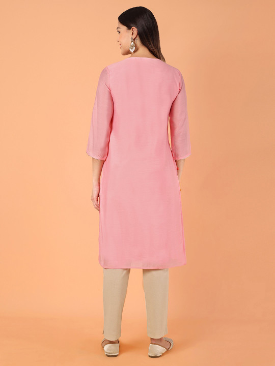 Floral Yoke Design Notch Neck Zari Chanderi Cotton Straight Kurta